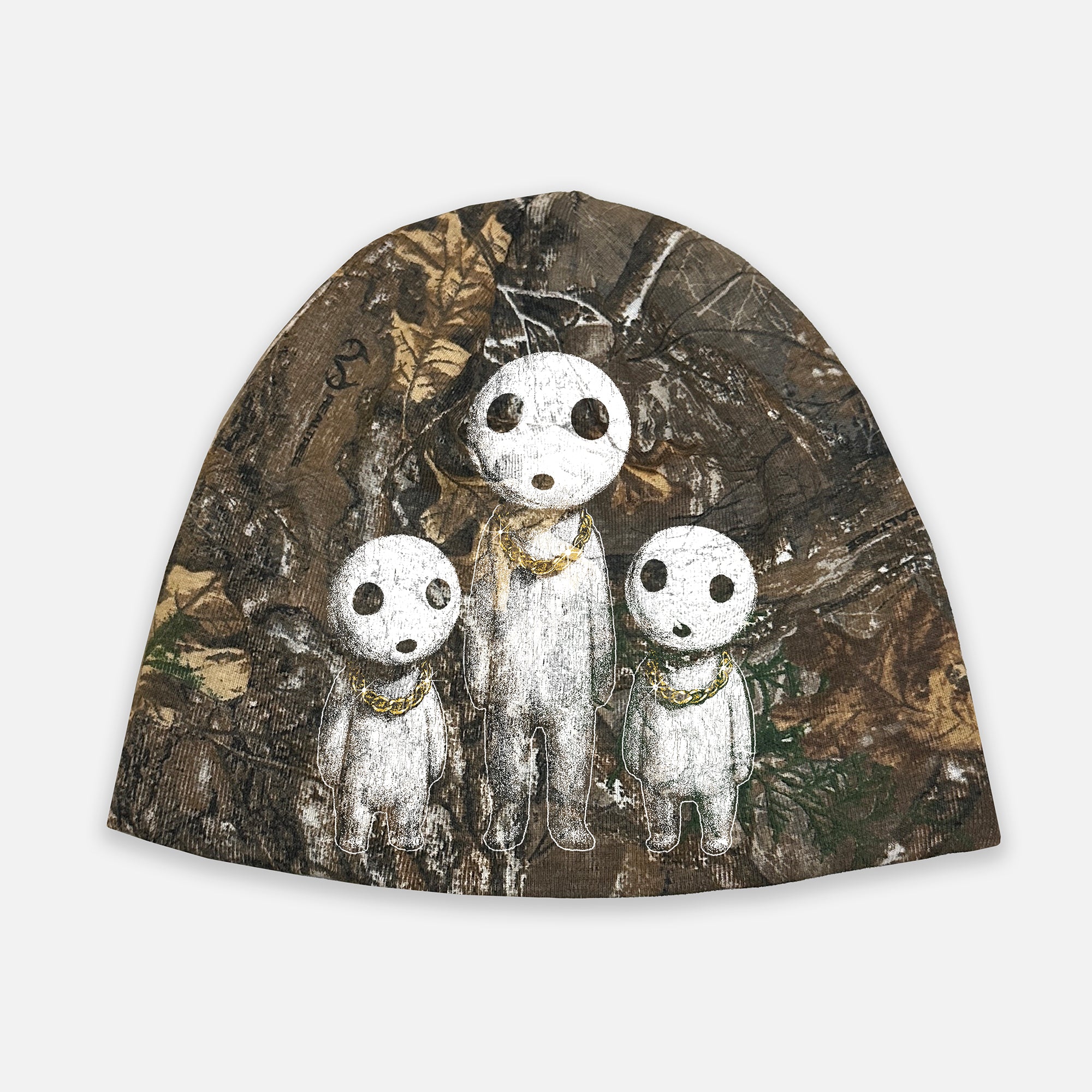 Camo beanie with white forest spirits wearing gold chains