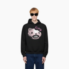 Person wearing a black hoodie with a graphic design on a white background