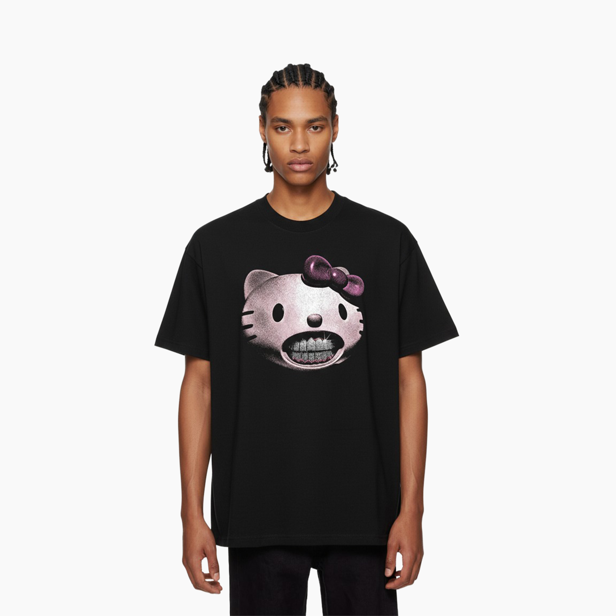 Person wearing a black t-shirt with a graphic design on a white background