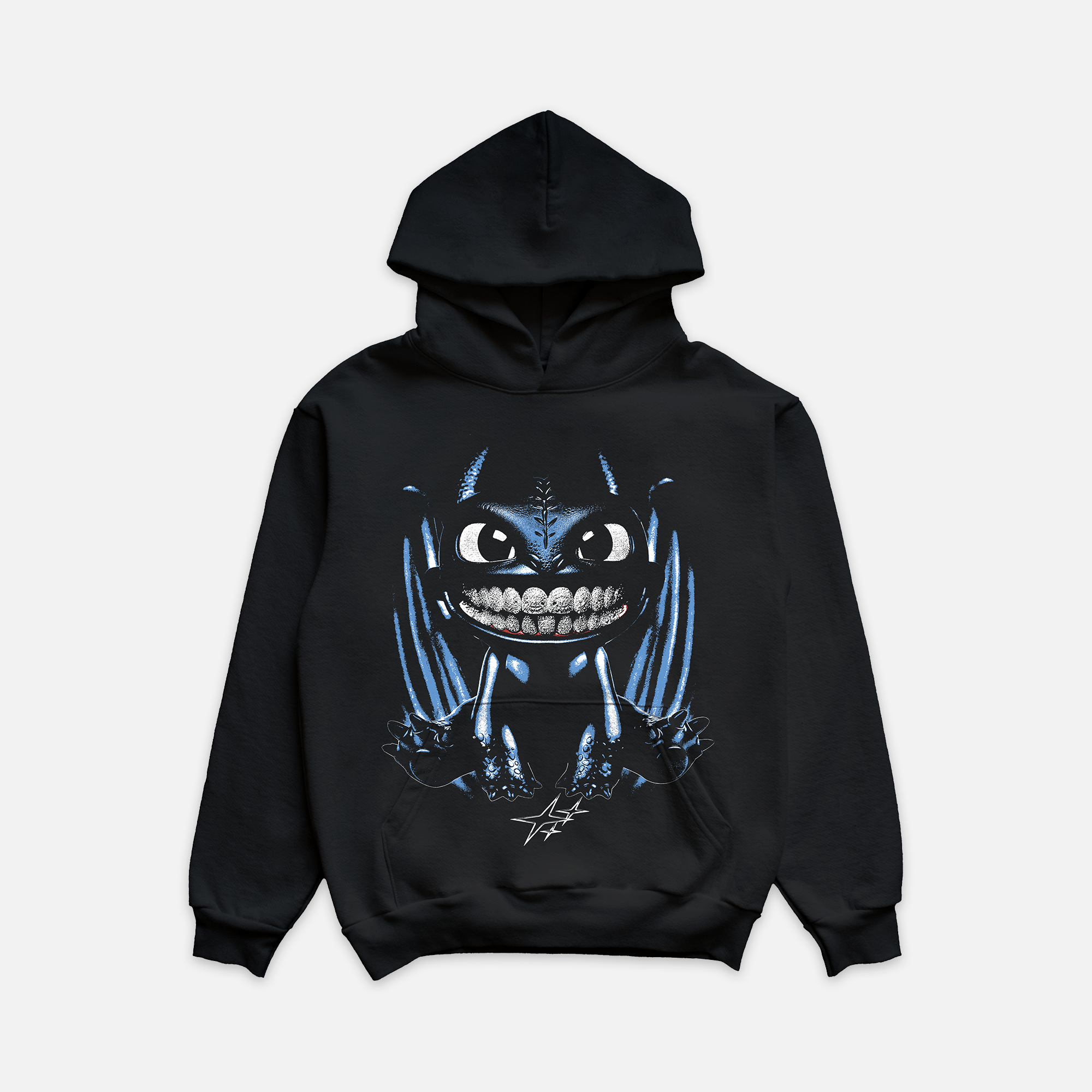 Black hoodie with a graphic of a blue dragon character with diamond grillz. sitting over three stars.