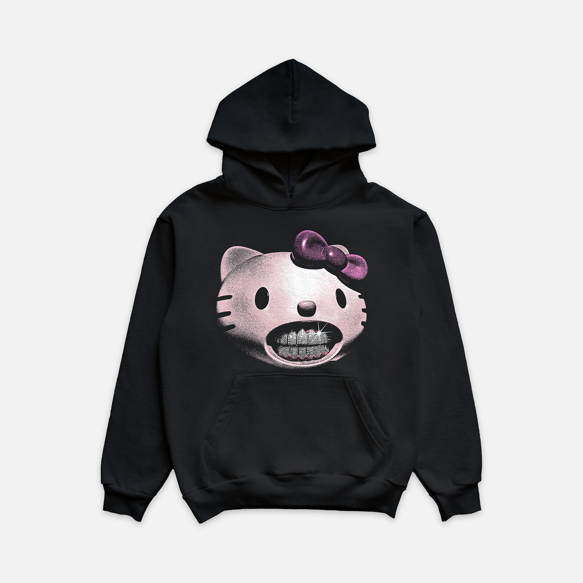 Black hoodie featuring a graphic of a light pink cat head with diamond grillz in her teeth and a pink bow on her ear, offering a blend of cute and edgy style. 