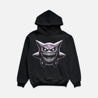 black hoodie featuring a graphic of a pointy purple character with rhinestones on his teeth symbolizing diamond grillz.