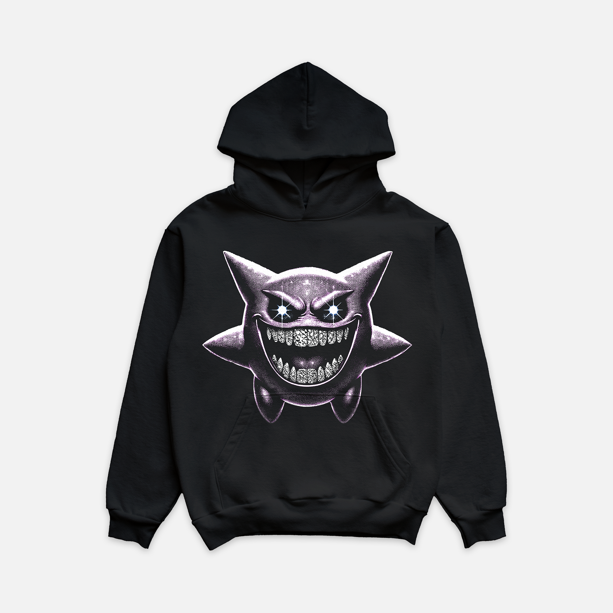 black hoodie featuring a graphic of a pointy purple character with rhinestones on his teeth symbolizing diamond grillz.