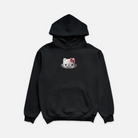 Black hoodie featuring a graphic print on the middle front chest of a skeleton cats head with a pink bowtie and diamond grillz.