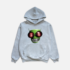 Grey hoodie featuring a green alien head with red eyes and diamond grillz