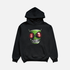 Black hoodie featuring a green alien head with red eyes and diamond grillz.