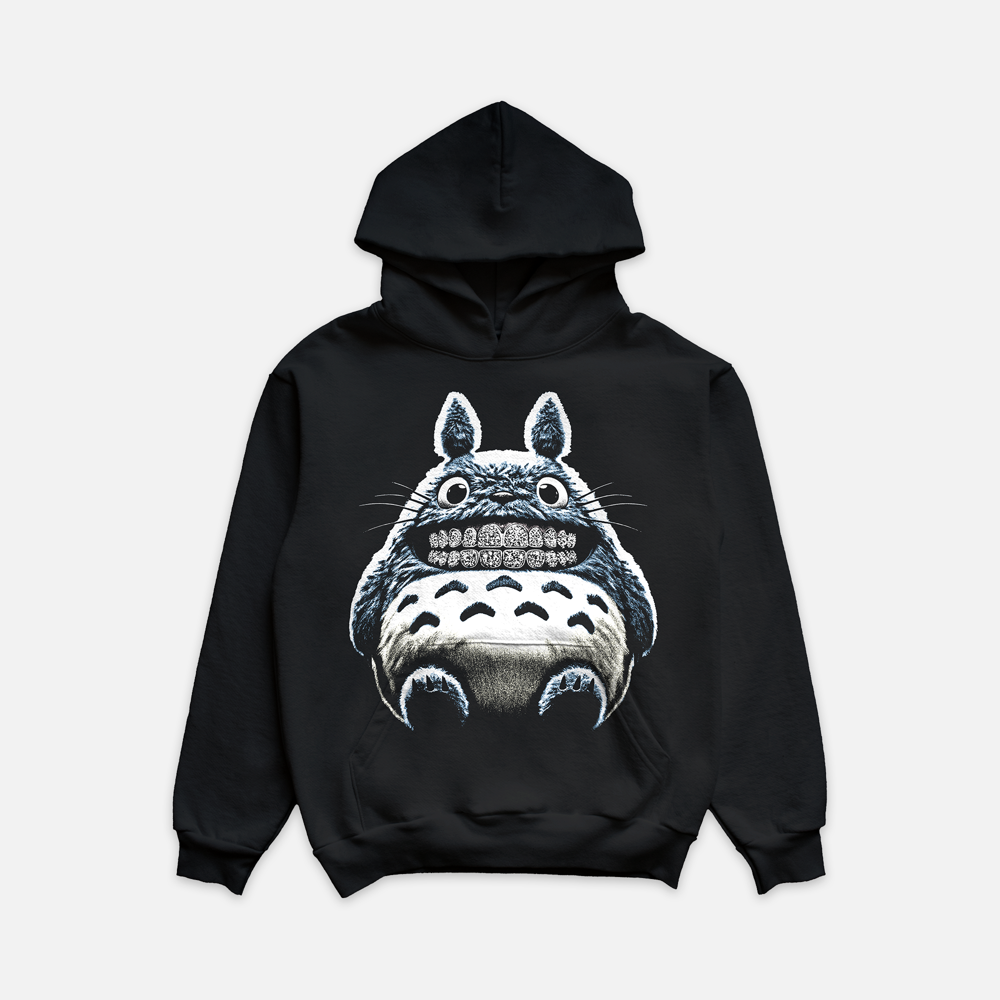 Black hoodie with a graphic of a light blue and tan fuzzy creature that has diamond grillz.