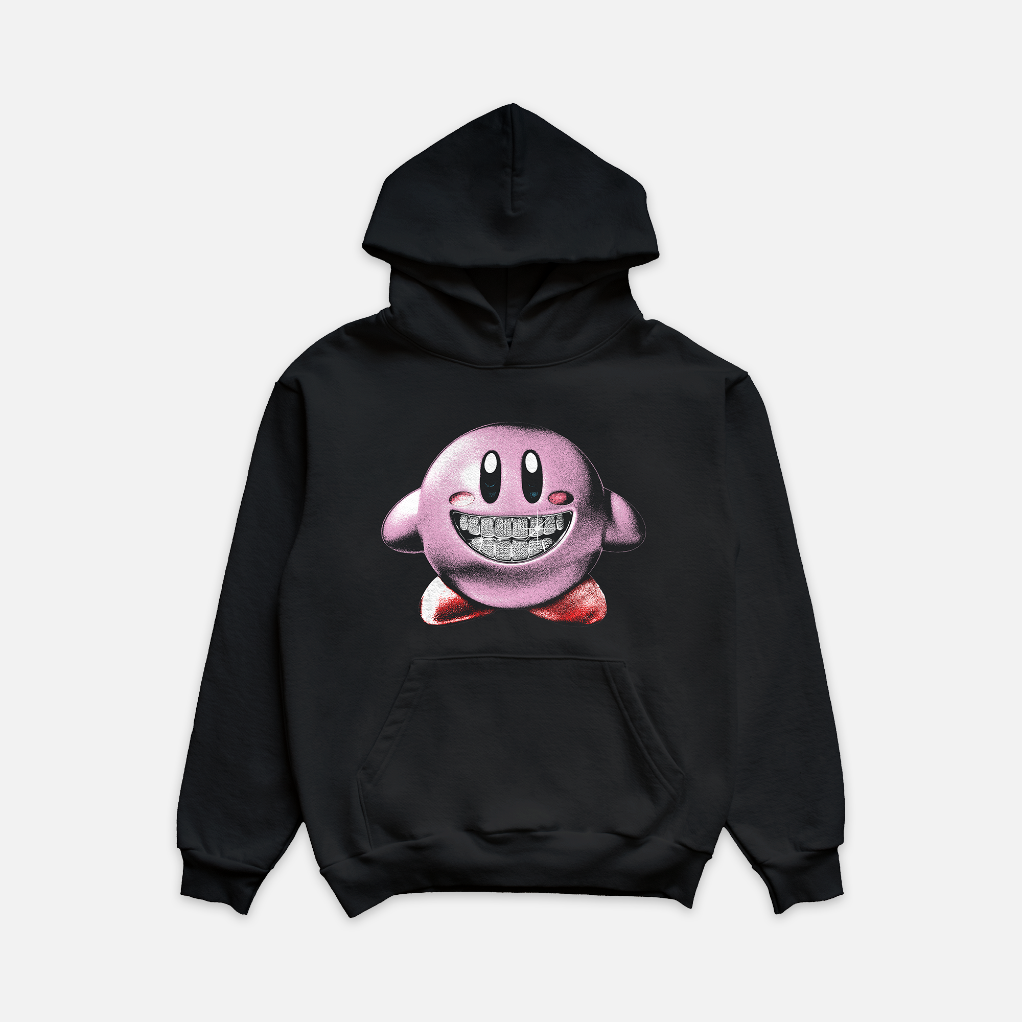 black hoodie featuring a pink character printed on the front chest. The character has red shoes and white diamond grillz and a wide smile.