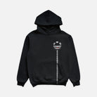 Black Hoodie with a graphic of a chain starting from the bottom hem of the left side. The left hest has a graphic of a sharp teeth ball with eyes and diamond grillz