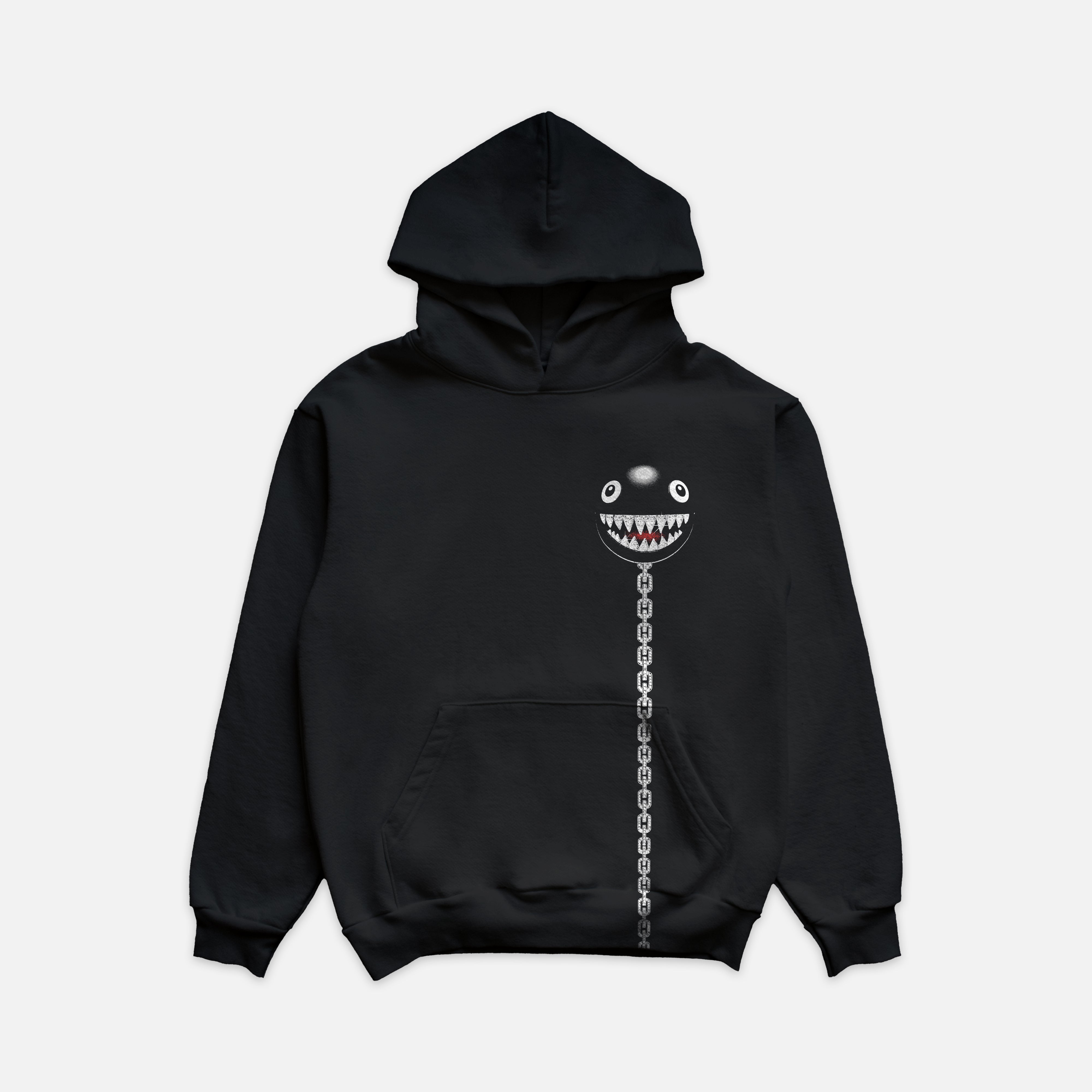 Black Hoodie with a graphic of a chain starting from the bottom hem of the left side. The left hest has a graphic of a sharp teeth ball with eyes and diamond grillz