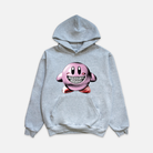 grey hoodie featuring a pink character printed on the front chest. The character has red shoes and white diamond grillz and a wide smile.