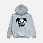 Grey hoodie showcasing a stylized character head with pigtails and a pink skull motif, complete with diamond grillz.