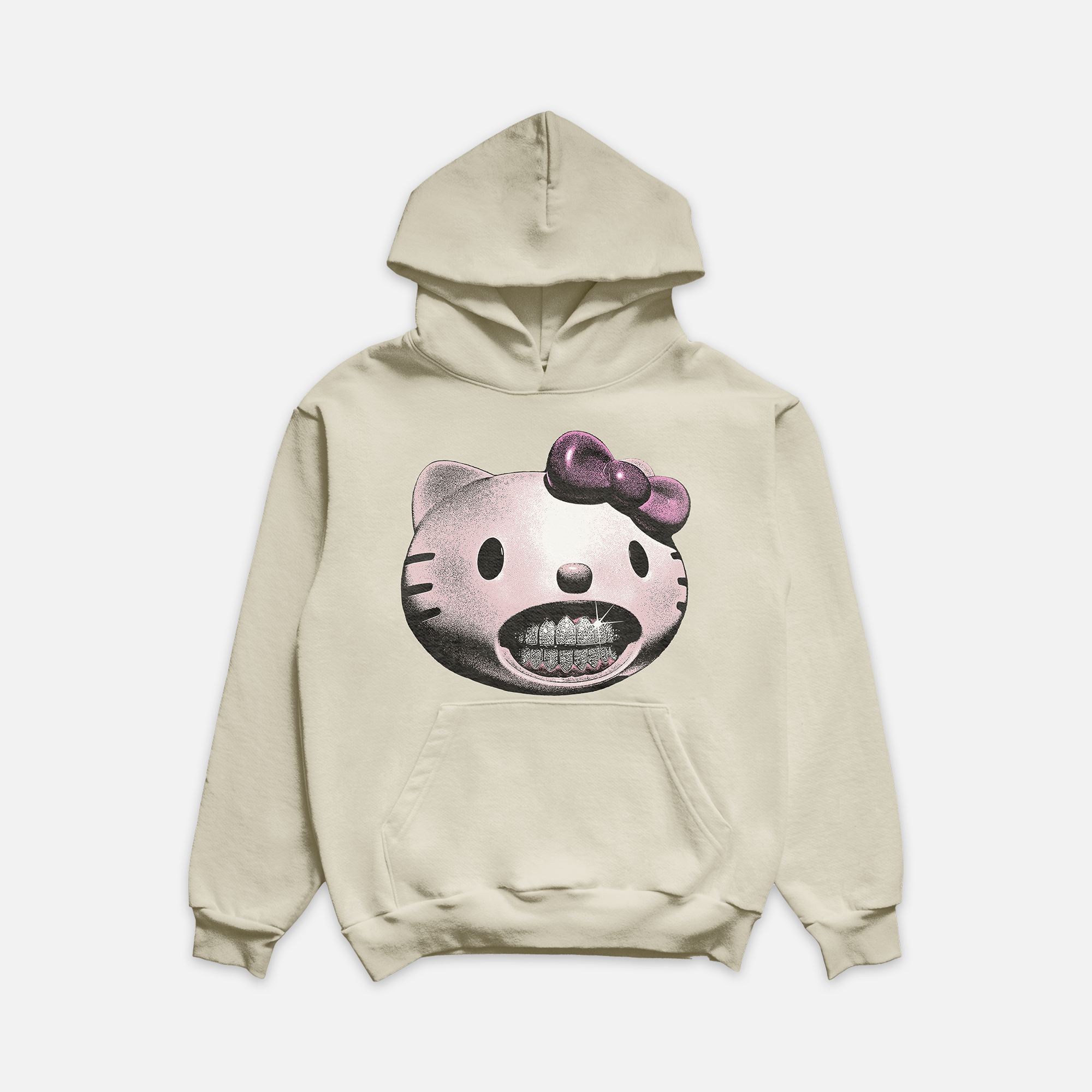 Ivory colored hoodie featuring a graphic of a light pink cat head with diamond grillz in her teeth and a pink bow on her ear, offering a blend of cute and edgy style.