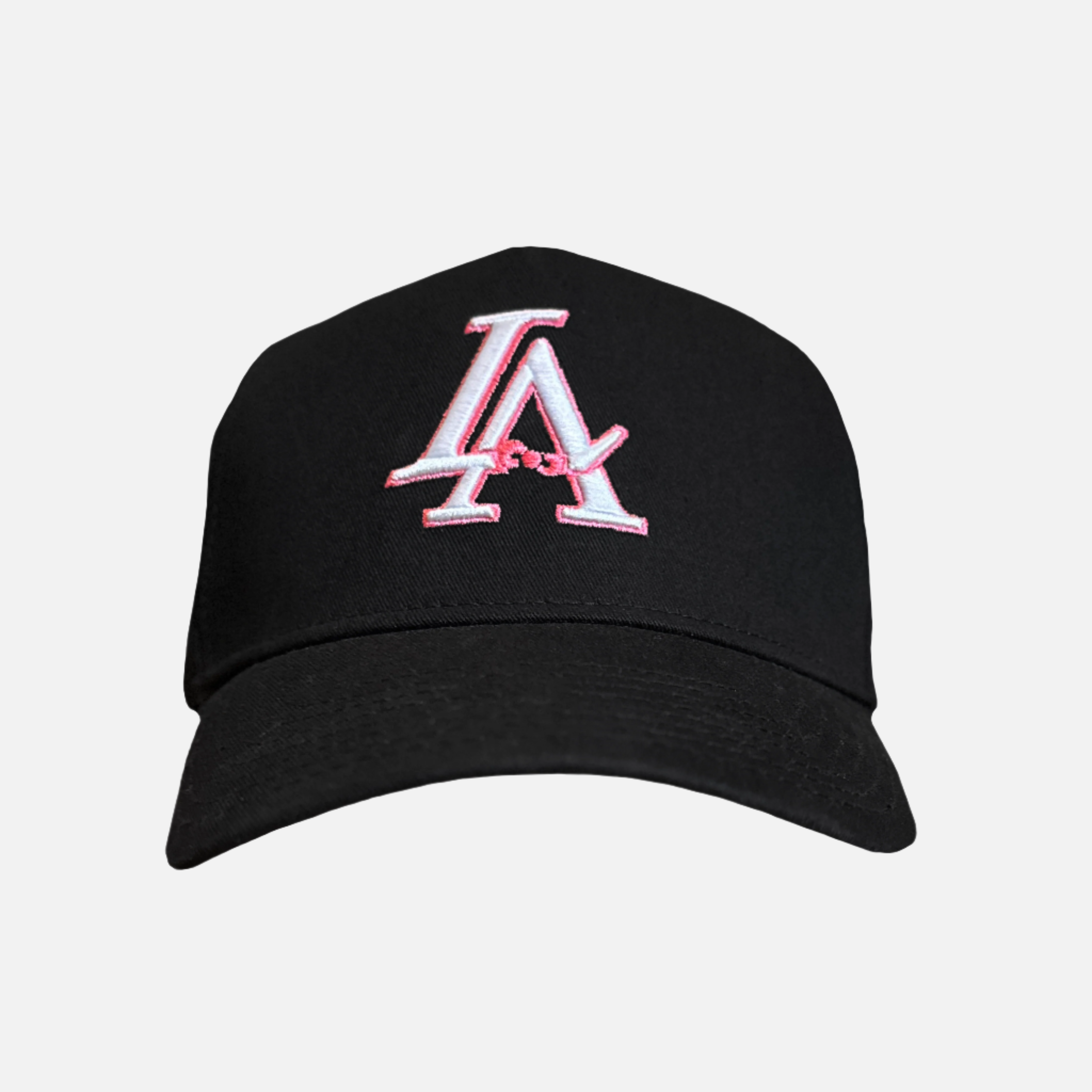 Black hat facing forward with a white embroidered logo that has a pink outline. Pink bow in the middle of the "A" for a sleek design.